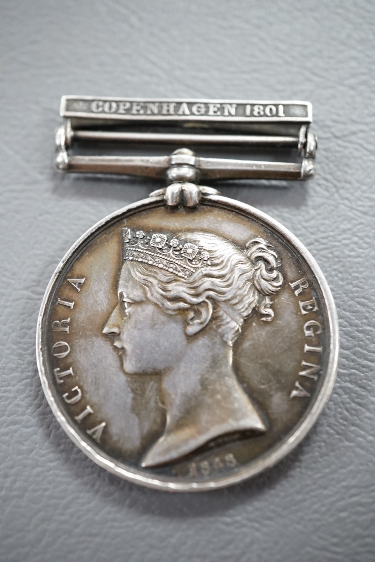 A Naval General Service medal with Copenhagen 1801 clasp awarded to R. Brown Asst. Surgeon. (of the 49th Foot). Condition - fair to good, lacking ribbon